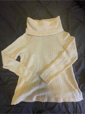 Miss Me White Turtle/Cowl Neck Sweater with Golden Shimmer Throughout